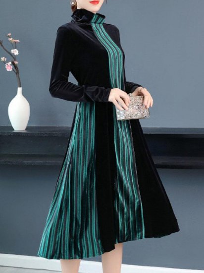 Velvet Contrast Color Patchwork Stripe Long Sleeve Vintage Dress - Click Image to Close