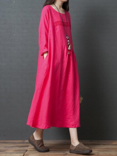 Pleated Solid Color Loose Pockets Vintage Dresses - Click Image to Close