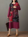 Folk Style Print Patchwork Long Sleeve Vintage Midi Dresses