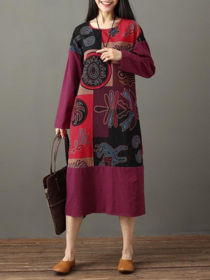 Folk Style Print Patchwork Long Sleeve Vintage Midi Dresses - Click Image to Close