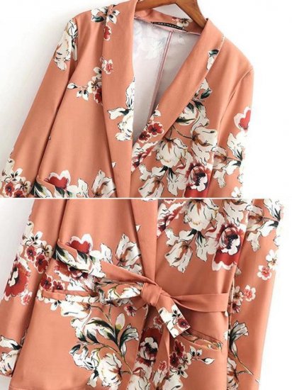 Vintage Floral Print Tie Waist Lapel Long Sleeve Women Jackets - Click Image to Close