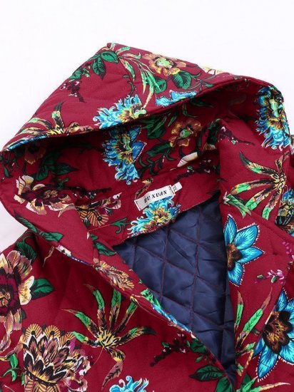 Vintage Hooded Floral Print Long Sleeve Coat - Click Image to Close