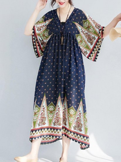 Ethnic Printed High Waist V-neck Vintage Half Sleeve Dresses - Click Image to Close