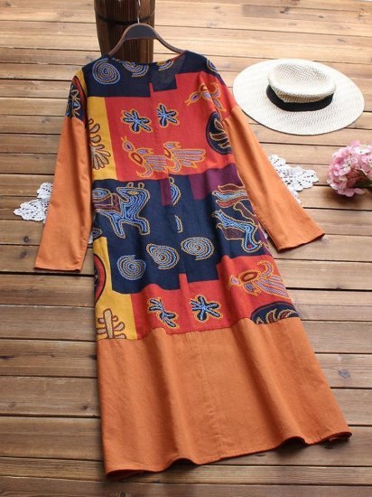 Folk Style Print Patchwork Long Sleeve Vintage Midi Dresses - Click Image to Close