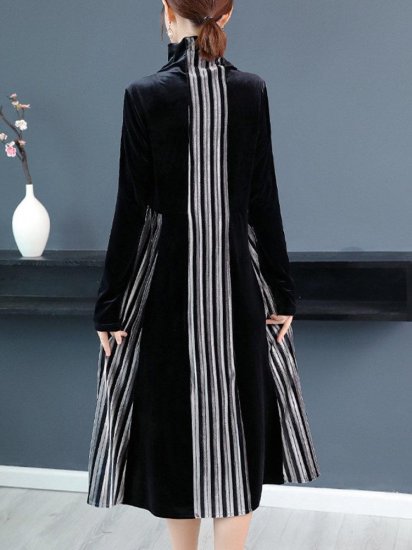 Velvet Contrast Color Patchwork Stripe Long Sleeve Vintage Dress - Click Image to Close