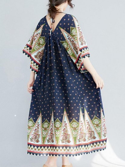 Ethnic Printed High Waist V-neck Vintage Half Sleeve Dresses - Click Image to Close