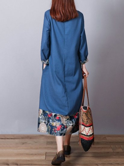 Print Patchwork Long Sleeve Loose Vintage Dresses - Click Image to Close