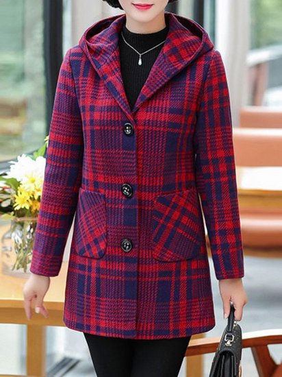 Plaid Single Breasted Woolen Blend Hooded Coat - Click Image to Close