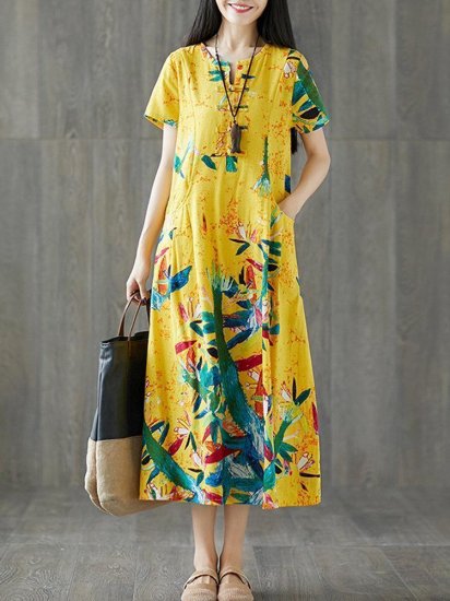 Frog Button Print Short Sleeve O-neck Vintage Dresses - Click Image to Close