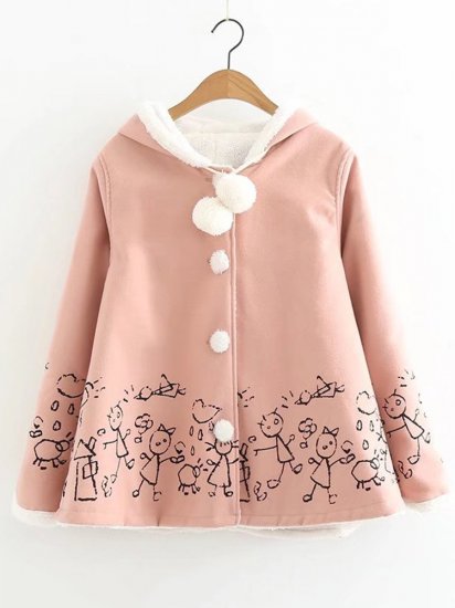 Cartoon Print Hooded Plush Ball Long Sleeve Vintage Coat - Click Image to Close