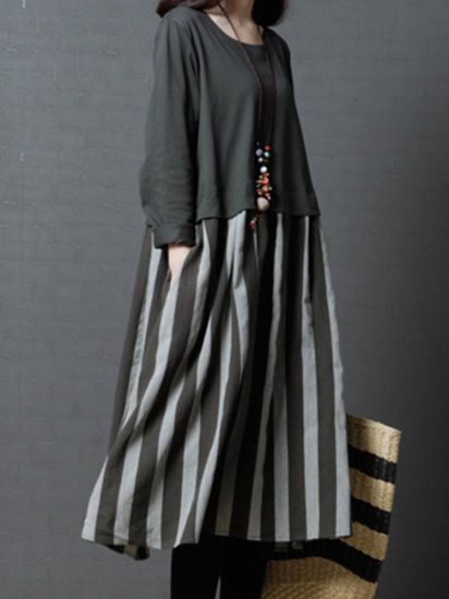 Vintage Stripe Patchwork Long Sleeve Pocket Dresses - Click Image to Close