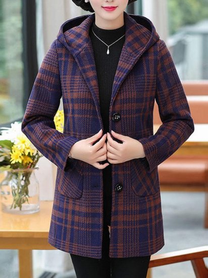 Plaid Single Breasted Woolen Blend Hooded Coat - Click Image to Close