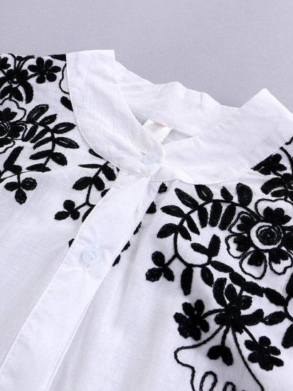 Embroidery Floral Long Sleeve Black&White Casual Shirts - Click Image to Close