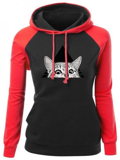 Women Cats Printed Hooded Contrast Color Casual Sweatshirts - Click Image to Close