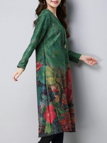 Vintage Printed Thicken Long Sleeve Pocket Dresses For Women - Click Image to Close