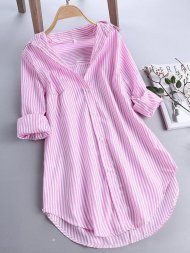 Stripe Long Sleeve Turn-down Collar Loose Shirts