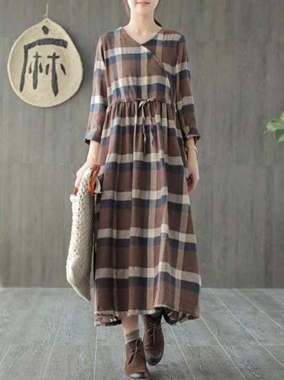 Multi-color Plaid Print Drawstring Waist Vintage Dress - Click Image to Close