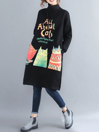 Cartoon Printed Long Sleeve High-neck Sweatshirt Dress - Click Image to Close