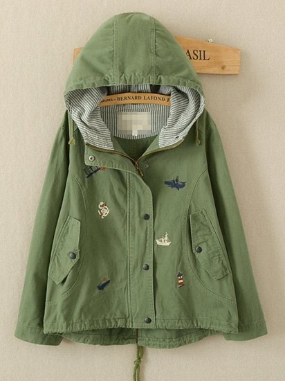 Hooded Cartoon Embroidered Long Sleeve Casual Coat - Click Image to Close