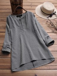 Long Sleeve Loose Plaid Print Irregular Casual Blouse