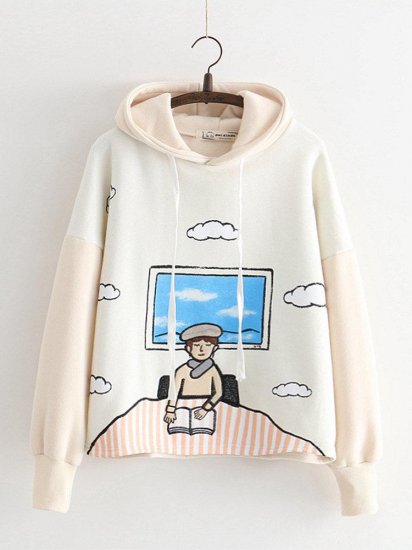 Women Casual Patchwork Cartoon Print Long Sleeve Pullover Hoodie - Click Image to Close