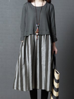 Vintage Stripe Patchwork Long Sleeve Pocket Dresses