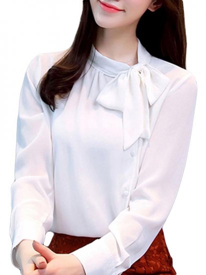 Elegant Solid Color Bow Collar Long Sleeve Blouses - Click Image to Close