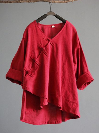 Women Vintage Solid Color Irregular Buckle Shirts - Click Image to Close