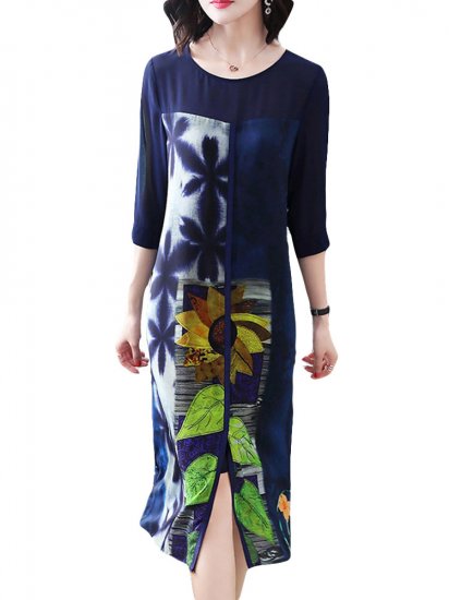 Floral Leaves Print Patchwork Splited 3/4 Sleeve Elegant Dresses - Click Image to Close