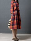 Vintage Women Plaid Drawstring Long Sleeve Shirt Dresses