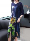 Floral Leaves Print Patchwork Splited 3/4 Sleeve Elegant Dresses