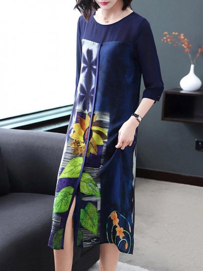 Floral Leaves Print Patchwork Splited 3/4 Sleeve Elegant Dresses - Click Image to Close