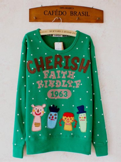 Women Cute Cartoon Print Polka Dot Embroidery Loose Sweatshirt - Click Image to Close