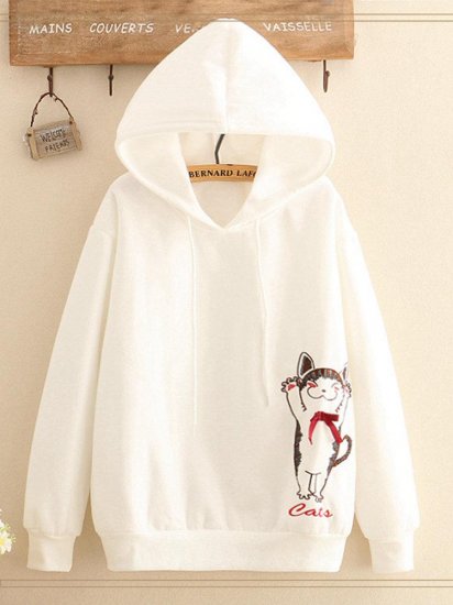 Cat Embroidered Hooded Casual Long Sleeve Sweatshirt - Click Image to Close