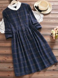 Vintage Plaid Print Patchwork Long Sleeve Dresses For Women