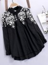 Embroidery Floral Long Sleeve Black&White Casual Shirts