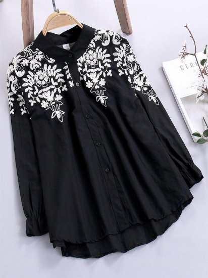 Embroidery Floral Long Sleeve Black&White Casual Shirts - Click Image to Close