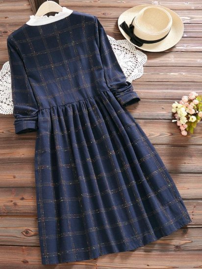 Vintage Plaid Print Patchwork Long Sleeve Dresses For Women - Click Image to Close