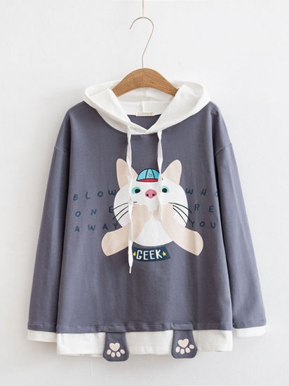 Women Casual Contrast Color Cat Print Cute Long Sleeve Hoodie - Click Image to Close