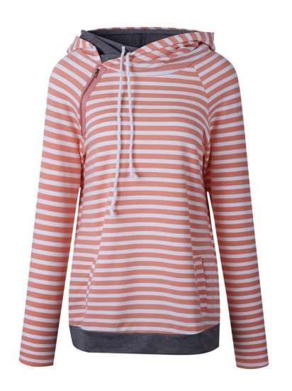 Casual Stripe Patchwork Side Zipper Hooded Women Hoodies - Click Image to Close