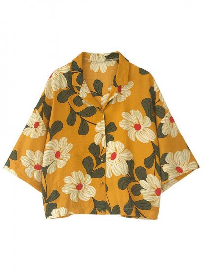 Floral Printed 3/4 Sleeve Turn-down Collar Shirts - Click Image to Close