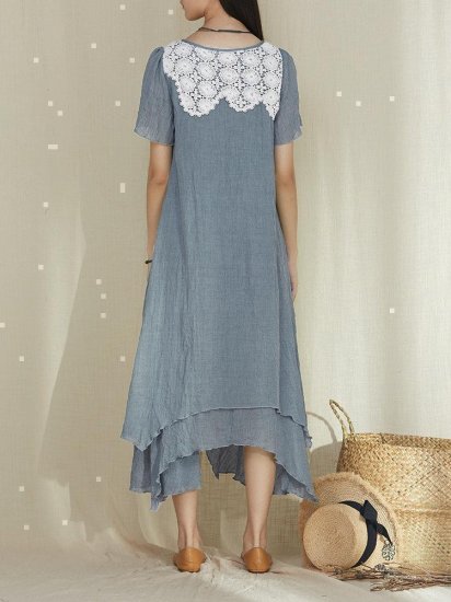 Lace Patchwork Layered Asymmetrical Short Sleeve Vintage Dresses - Click Image to Close