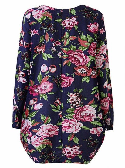 Vintage Floral Printed V Neck Asymmetry Hem Long Sleeve Loose Women Dress - Click Image to Close