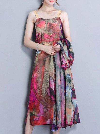 Elegant Print Spaghetti Strap Two Pieces Vintage Dresses - Click Image to Close