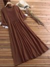 Pleated Solid Color Long Sleeve O-neck Vintage Dresses