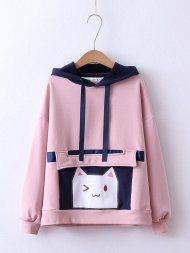 Print Cat Front Pocket Cute Hoodies For Women