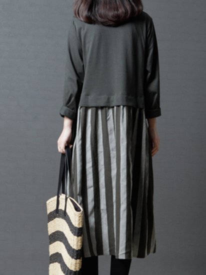 Vintage Stripe Patchwork Long Sleeve Pocket Dresses - Click Image to Close