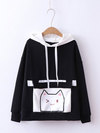 Print Cat Front Pocket Cute Hoodies For Women - Click Image to Close