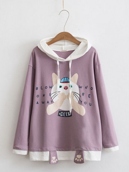 Women Casual Contrast Color Cat Print Cute Long Sleeve Hoodie - Click Image to Close