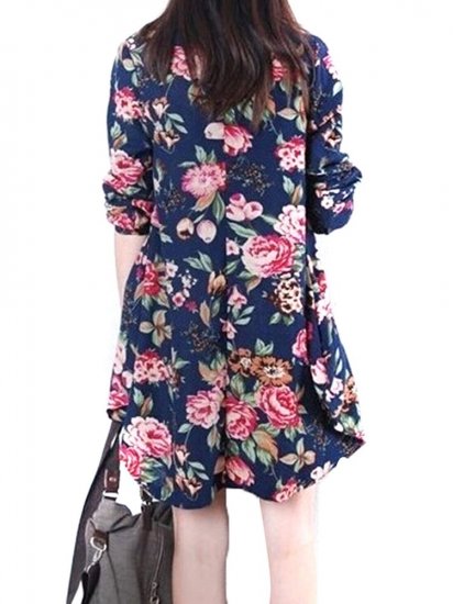 Vintage Floral Printed V Neck Asymmetry Hem Long Sleeve Loose Women Dress - Click Image to Close